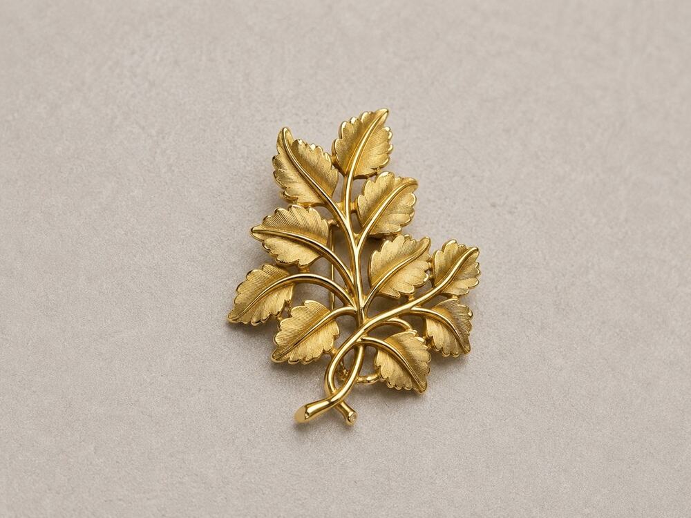 Vintage Signed Crown Trifari Gold Tone Leaf Spray Brooch Textured Pin 1950s